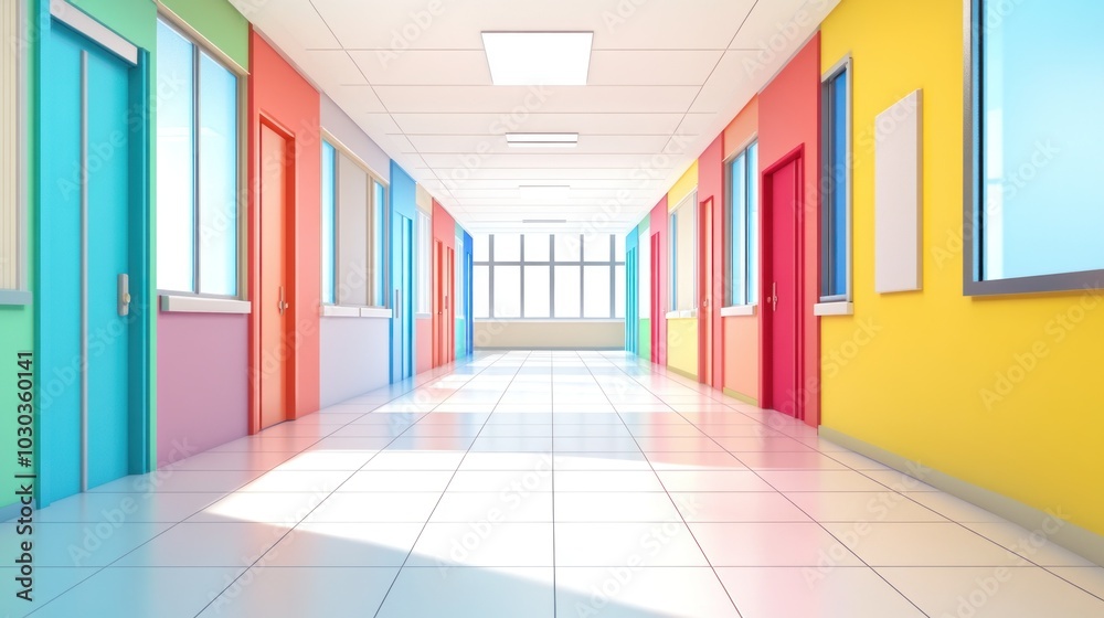 The hospital hallway was empty with a lively atmosphere with colorful doors on both sides and windows in front. The white tile floor had colorful stripes The hospital hallway was empty with a lively atmosphere with colorful doors on both sides and windows in front. The white tile floor had colorful stripes