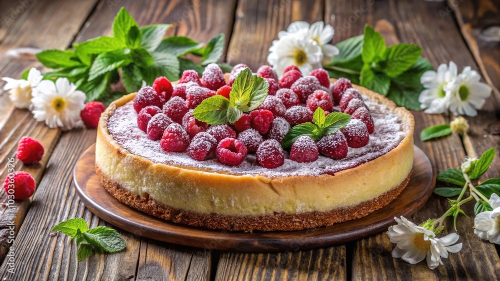 Freshly baked raspberry cheese cake sits on a rustic wooden table, adorned with a blooming floral arrangement and a sprinkle of powdered sugar. Freshly baked raspberry cheese cake sits on a rustic wooden table, adorned with a blooming floral arrangement and a sprinkle of powdered sugar.