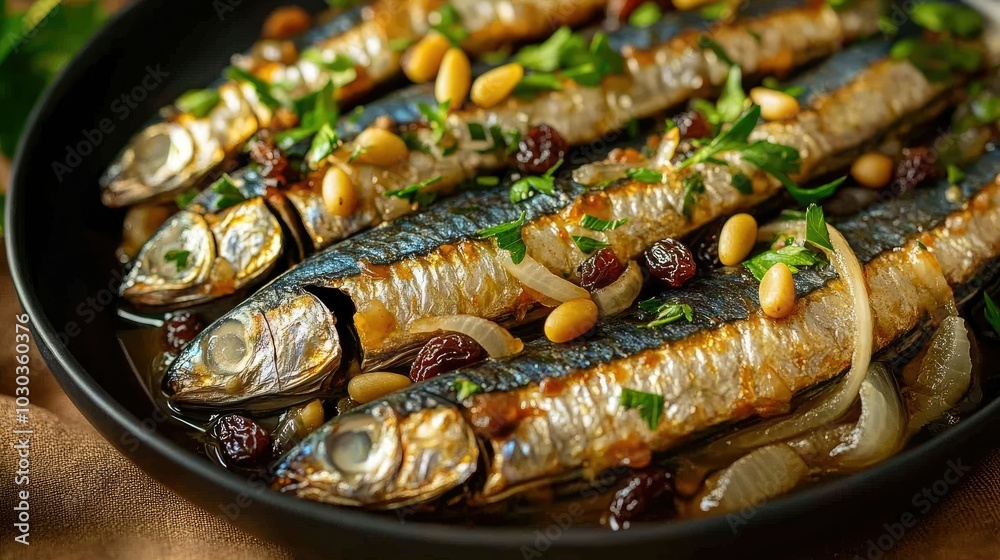 Traditional Italian Sarde in Saor Dish Presentation Traditional Italian Sarde in Saor Dish Presentation
