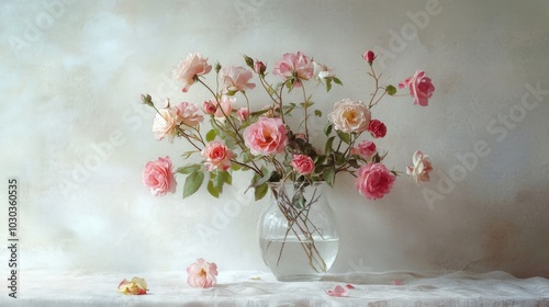 A charming still life of roses in a glass vase, radiating beauty and fragrance, set against a minimalist white backdrop for a modern touch