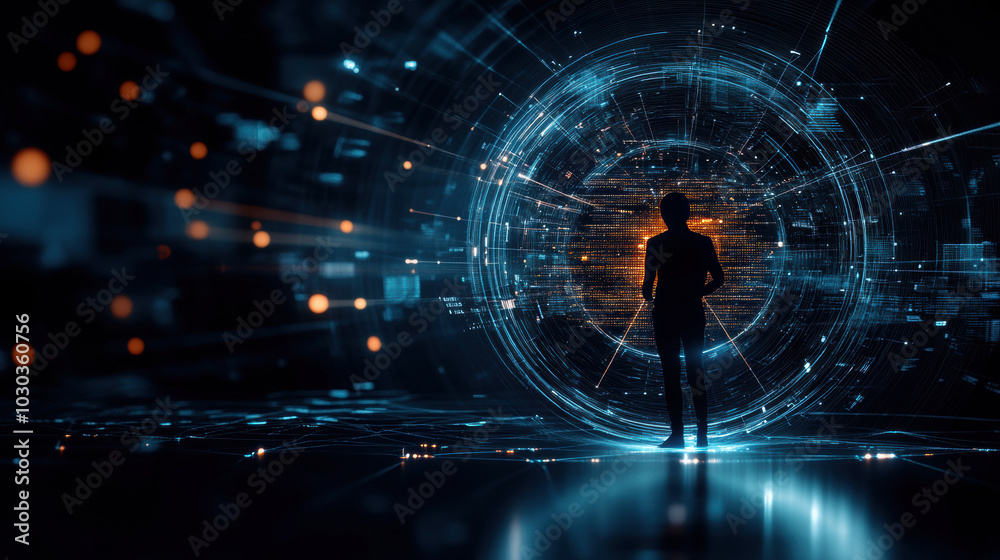 Obraz premium person stands inside glowing digital cocoon, surrounded by vibrant blue and orange lights, representing futuristic and technological environment. scene evokes sense of wonder and exploration