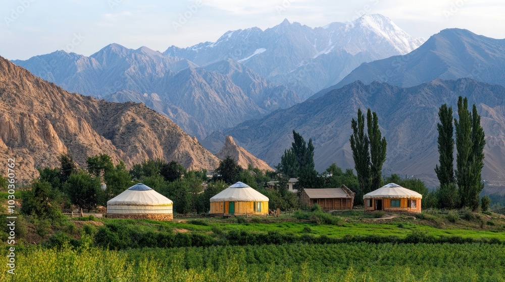 Obraz premium Yurts near the foothills of Xinjiang mountains, providing a blend of adventure and cultural immersion for travelers