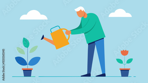 Watering Can with a Long Handle An illustration of a senior easily watering plants with an adaptive watering can that has a long handle for easier reach.