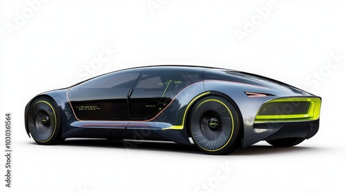 A concept car from the future, with sleek lines and neon accents, set against a pure white background, highlighting its cutting-edge technology