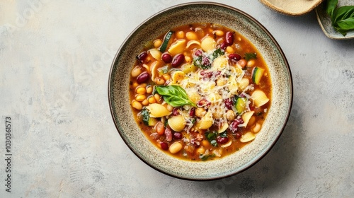 Warm Bowl of Minestrone Soup with Fresh Basil