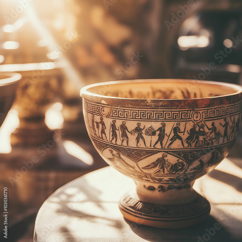 Ancient Greek pottery bowl with intricate classical artwork in sunlight