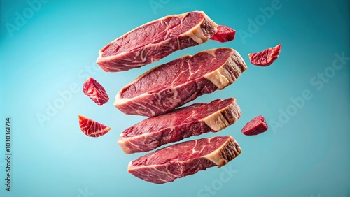 Levitating beef steak pieces on pastel background