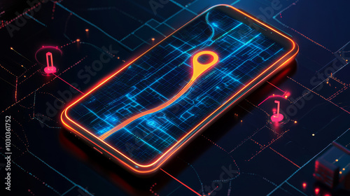  This futuristic vector illustration showcases a smartphone displaying a mobile navigation app. 