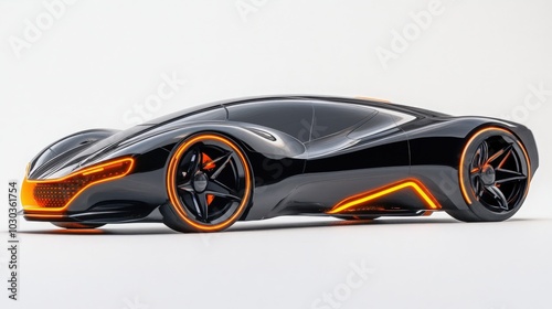 A concept car from the future with smooth, aerodynamic lines and neon accents, sitting on a white backdrop, highlighting advanced automotive technology