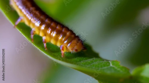 Sawfly Larva Crawling on Green Leaf