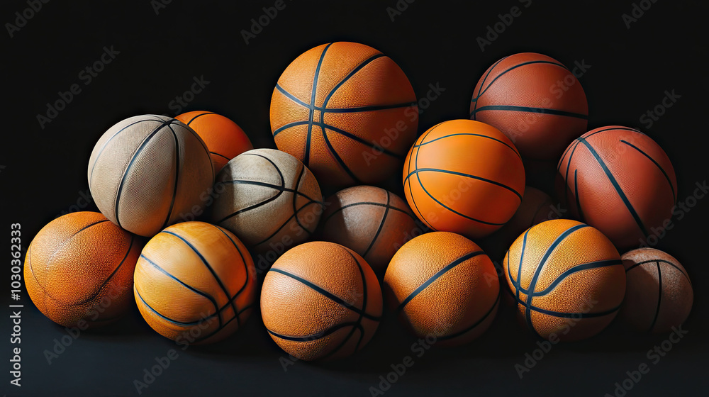 A collection of basketballs arranged on a black surface, with different sizes and textures, creating an interesting visual contrast against the dark backdrop. A collection of basketballs arranged on a black surface, with different sizes and textures, creating an interesting visual contrast against the dark backdrop.