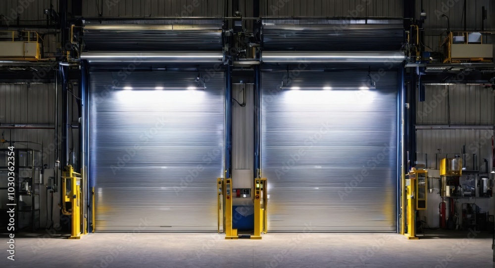 Roller door set against the backdrop of an expansive storage area. Roller door set against the backdrop of an expansive storage area.