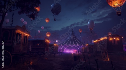 A haunted circus at night, with a dark, ominous tent surrounded by spooky circus wagons. Floating ghostly balloons hover around the area