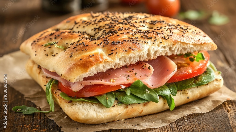 Close-Up of Delicious Focaccia Sandwich with Fresh Ingredients Close-Up of Delicious Focaccia Sandwich with Fresh Ingredients