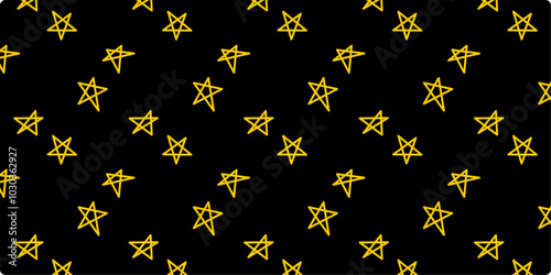 Simple Hand drawn star with yellow color and seamless pattern with various size type and variant that isolated in black background. For wallpaper use. 
