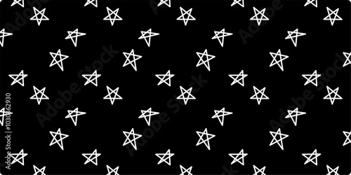Simple Hand drawn star with white color and seamless pattern with various size type and variant that isolated in black background. For wallpaper use. 
