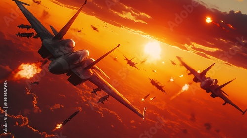 A dramatic aerial dogfight between futuristic fighter jet photo