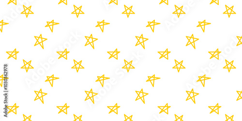 Simple Hand drawn star with yellow color and seamless pattern with various size type and variant that isolated in white background. For wallpaper use. 
