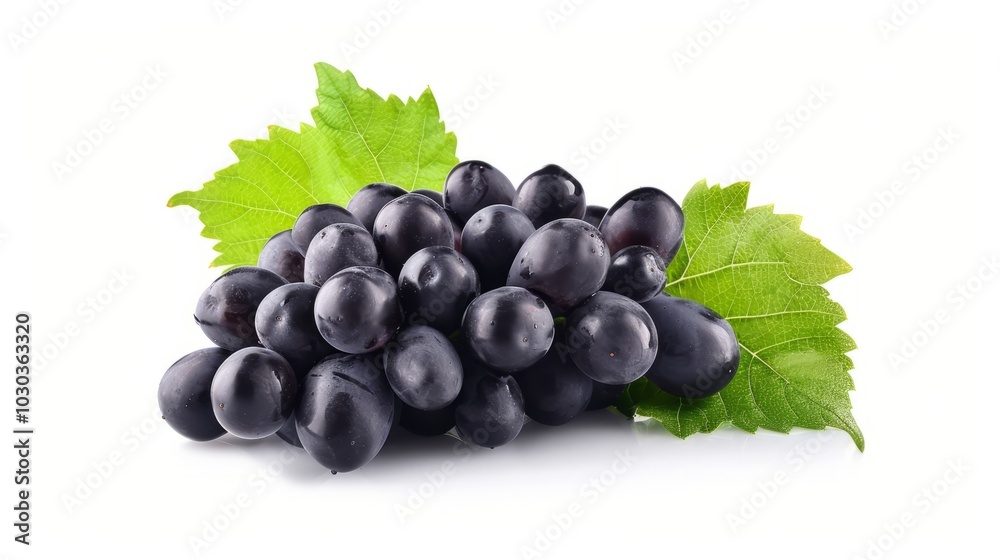 Capture the Beauty: Stunning Black Grape Cluster with Leaves, Isolated on a Crisp White Background - Capture the Beauty: Stunning Black Grape Cluster with Leaves, Isolated on a Crisp White Background -