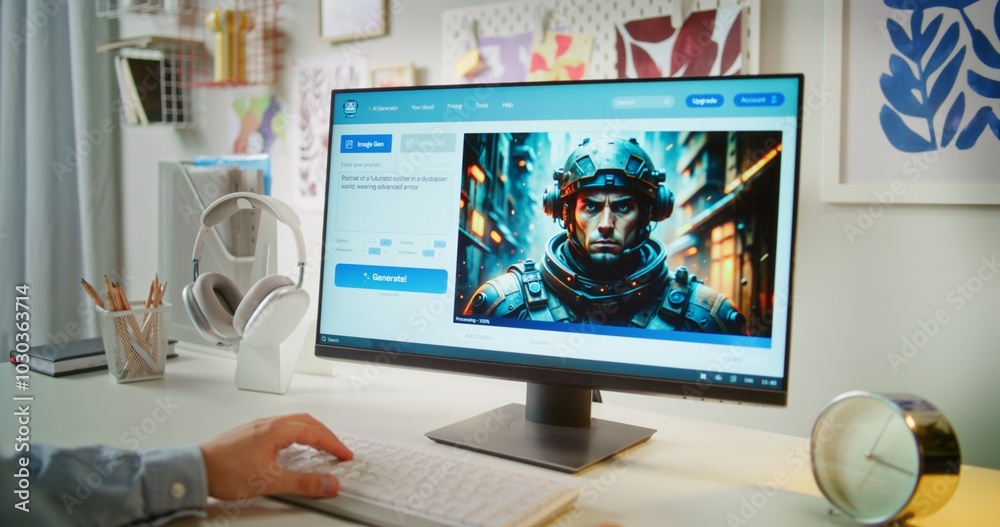 Dolly shot of man typing prompt in AI image generator on computer. PC screen shows artificial intelligence generating detailed photo of futuristic soldier. Online text to image app. Generative art. Dolly shot of man typing prompt in AI image generator on computer. PC screen shows artificial intelligence generating detailed photo of futuristic soldier. Online text to image app. Generative art.