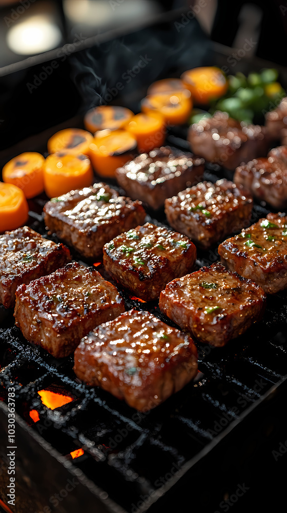 Grilled marinated meat and vegetables sizzle on a sizzling barbecue grill. Grilled marinated meat and vegetables sizzle on a sizzling barbecue grill.