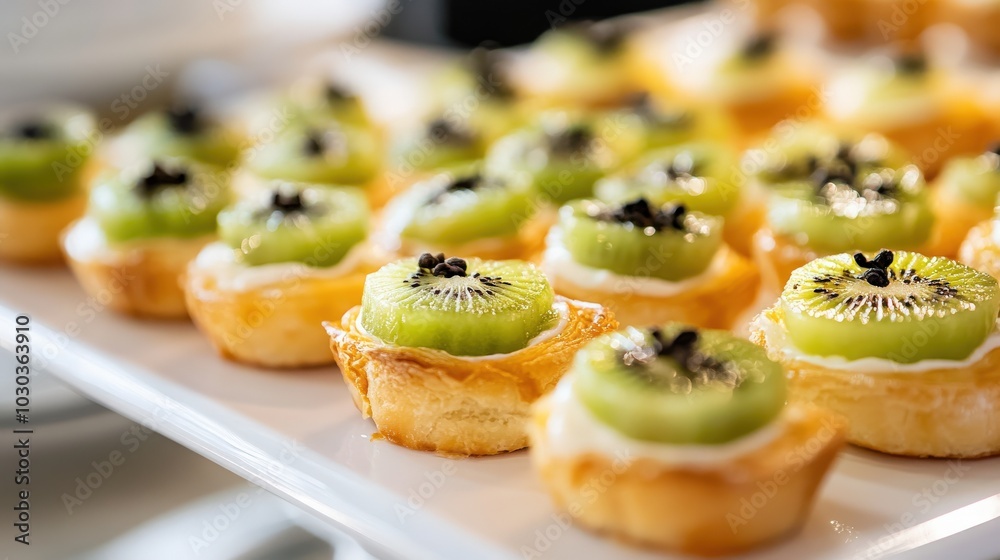 A creative arrangement of kiwi-flavored pastries beautifully displayed on a white platter for a delightful dessert option A creative arrangement of kiwi-flavored pastries beautifully displayed on a white platter for a delightful dessert option