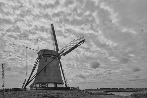 old windmill in black and white