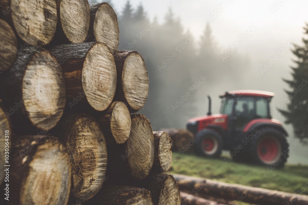 Stacked Logs in a Misty Forest