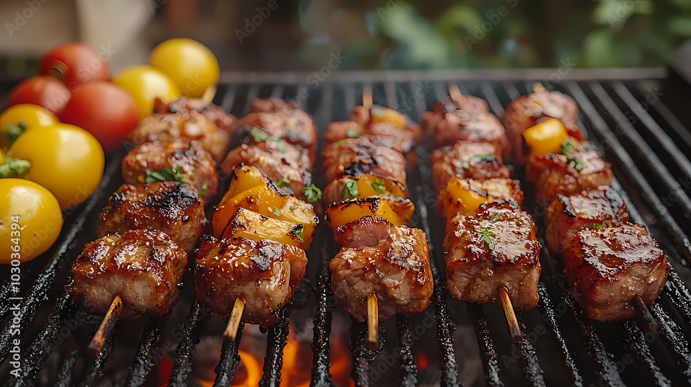 Grilled marinated meat and vegetables sizzle on a sizzling barbecue grill. Grilled marinated meat and vegetables sizzle on a sizzling barbecue grill.