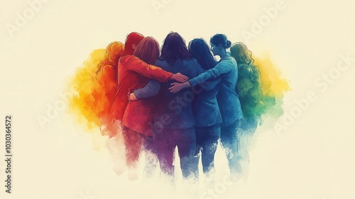 Unity and diversity: a group of diverse women embracing in a colorful watercolor design photo