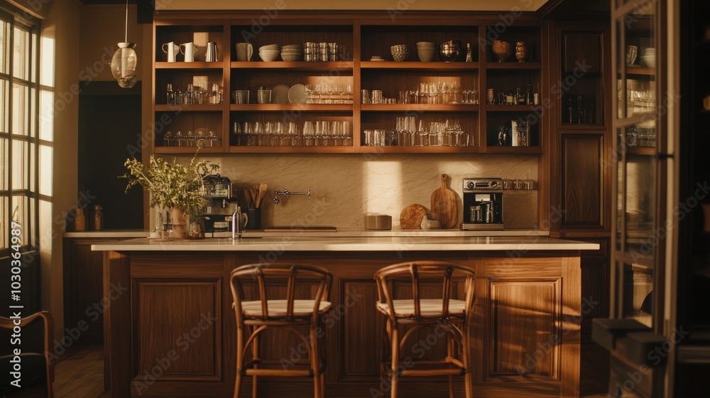 A warm and inviting home kitchen featuring a beautiful bar counter and chic chairs. A warm and inviting home kitchen featuring a beautiful bar counter and chic chairs.