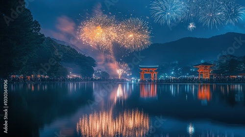 A Fireworks Festival in Japan fills the evening sky with brilliant colors, reflected in the water below. photo