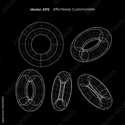 Wireframe shapes lined torus ring perspective mesh grid low poly 3D geometric retro futuristic set