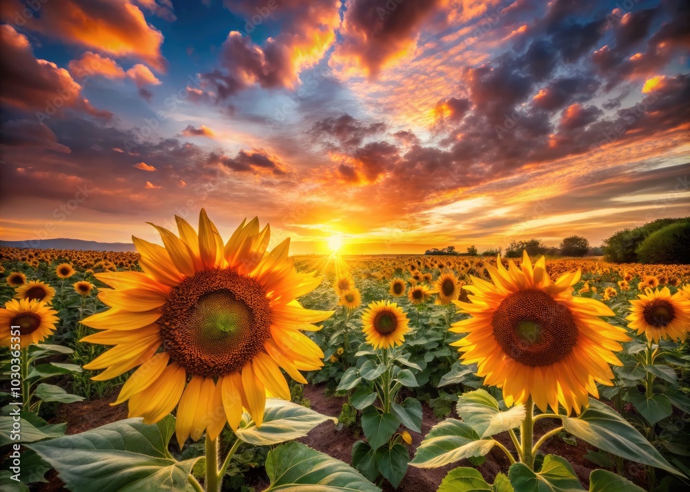 Fototapeta premium Beneath a stunning sunset, a vast field of sunflowers blooms gloriously, creating a mesmerizing scene that captures the essence of nature's breathtaking beauty.