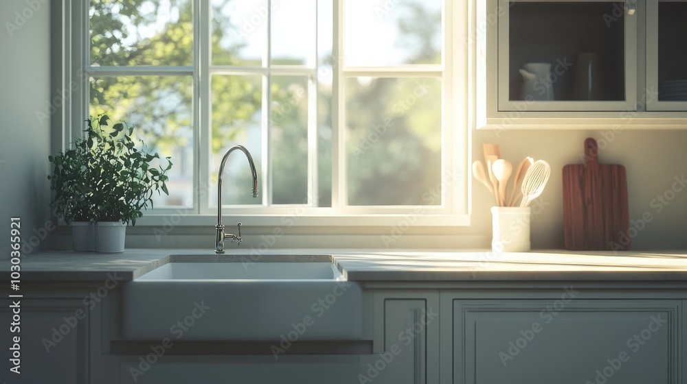 A well-appointed kitchen interior features a stylish cabinet and a spacious sink with a large window. A well-appointed kitchen interior features a stylish cabinet and a spacious sink with a large window.