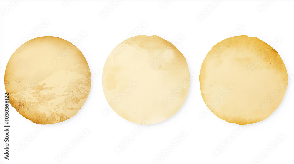Set of three round art posters with blank old vintage yellow scratched torn poster isolated white background. Set of three round art posters with blank old vintage yellow scratched torn poster isolated white background.