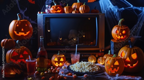 A Halloween horror movie night setup featuring a TV in a dark room, surrounded by jack-o'-lanterns, cobwebs, and eerie decorations. Popcorn, candy, and drinks are set out on a haunted-themed table photo