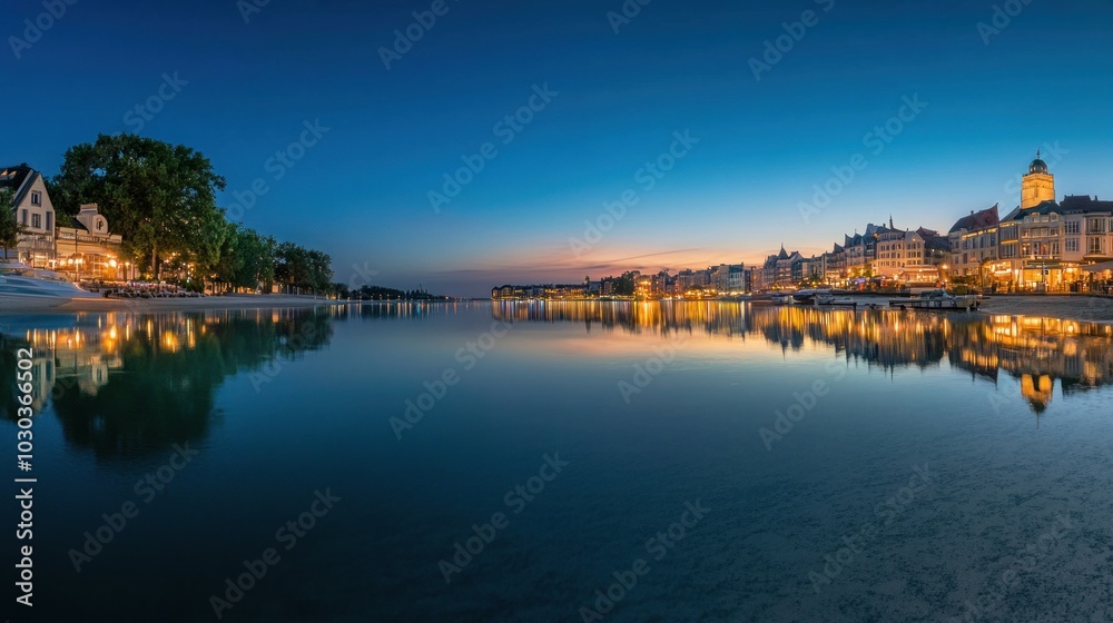 Obraz premium Nighttime cityscape with water reflection