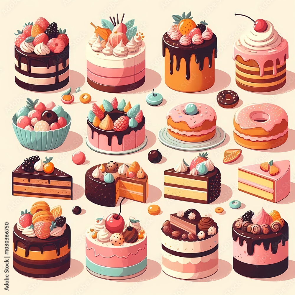 a cartoon illustration of a cake with a lot of different cakes. a cartoon illustration of a cake with a lot of different cakes.