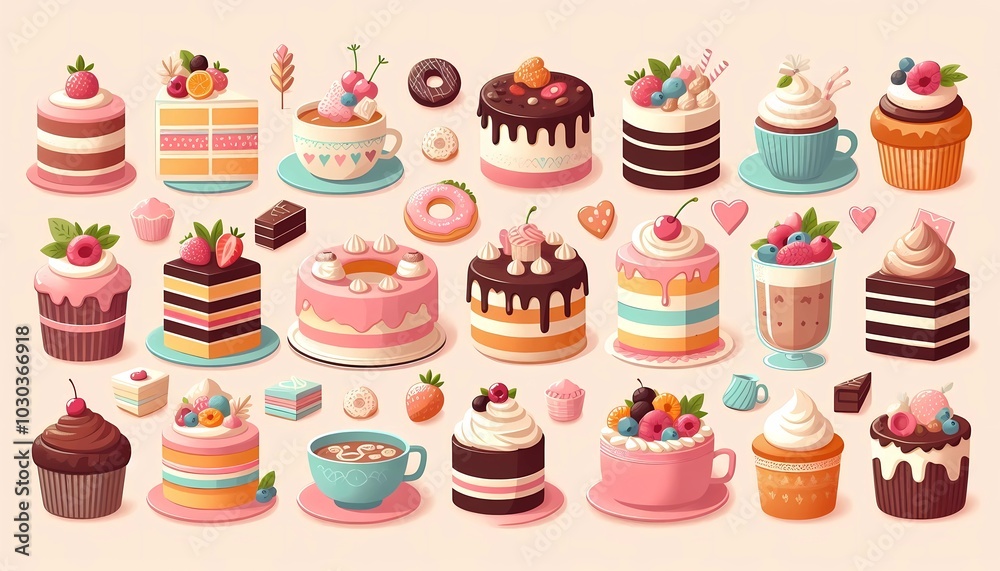 a cartoon illustration of a cake with a lot of different cakes. a cartoon illustration of a cake with a lot of different cakes.