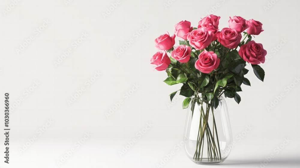 A beautifully detailed bouquet of roses in a glass vase, realistic lighting, and textures on white A beautifully detailed bouquet of roses in a glass vase, realistic lighting, and textures on white
