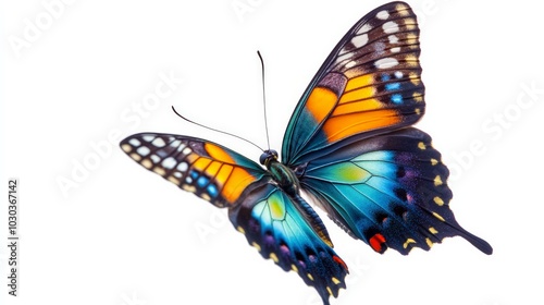 A beautifully detailed close-up of a butterfly in flight, vibrant colors and soft lighting on white