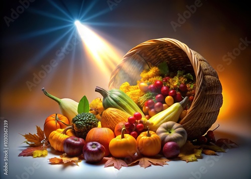 Illuminated Cornucopia Against White - Dramatic, spotlight, vibrant colors, white photo