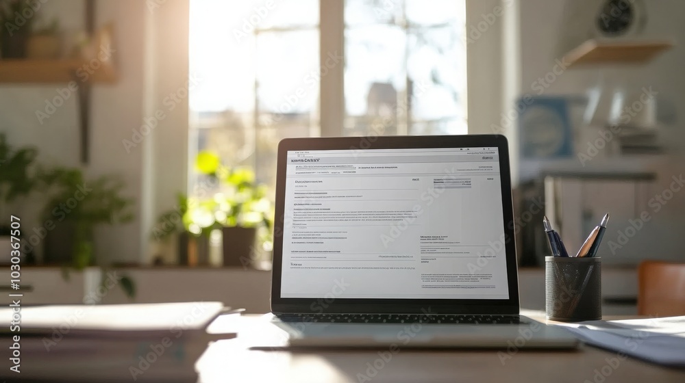 Close-up of a laptop screen displaying an e-invoice. Office background with financial paperwork, modern tech, and a clean workspace Close-up of a laptop screen displaying an e-invoice. Office background with financial paperwork, modern tech, and a clean workspace