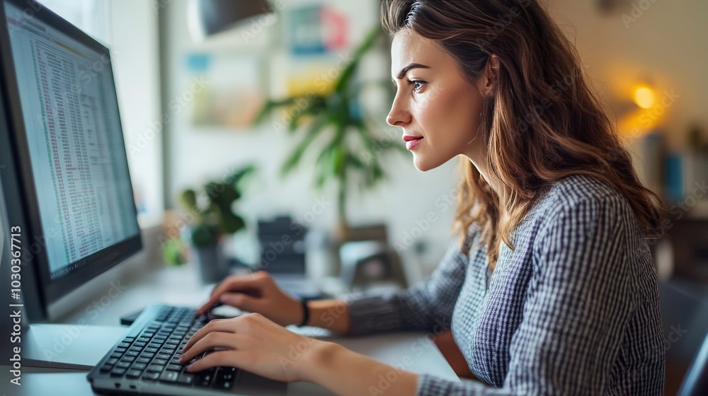 Close-up of a professional accountant woman at her modern office desk, examining financial statements on a computer. Close-up of a professional accountant woman at her modern office desk, examining financial statements on a computer.