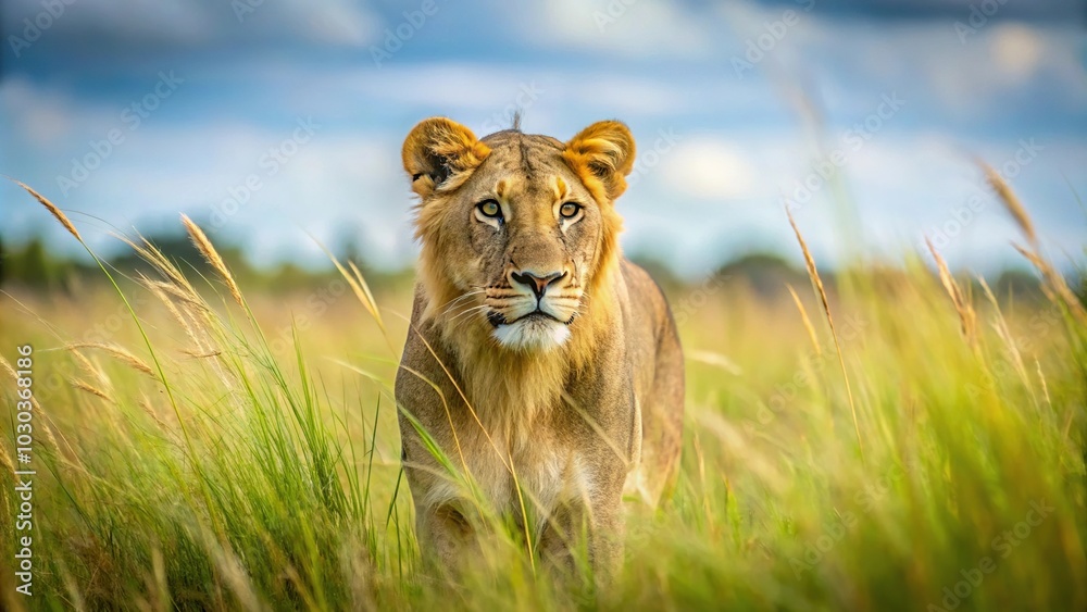 Fototapeta premium Lion hunting for prey in savanna grass
