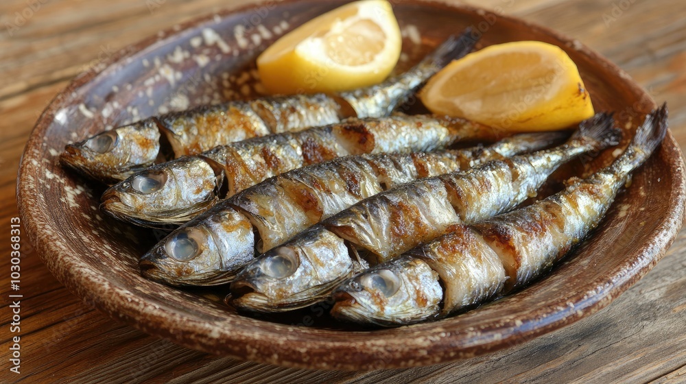 Grilled Sardines with Lemon on Rustic Plate Grilled Sardines with Lemon on Rustic Plate