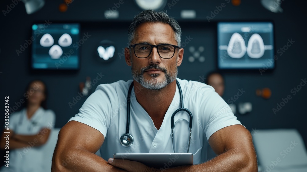 Fototapeta premium Confident doctor with tablet in modern hospital setting