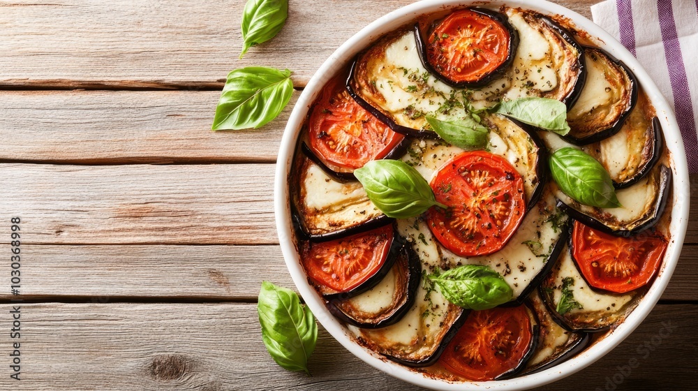 Baked Dish with Layered Vegetables and Basil Leaves Baked Dish with Layered Vegetables and Basil Leaves