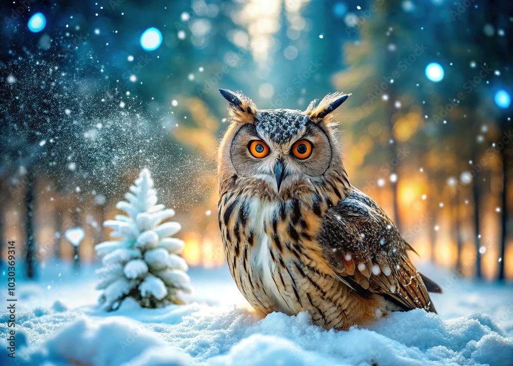In this tilt-shift photograph, a magnificent owl frolics in the snow, highlighting nature's enchantment. A stunning perspective for all who cherish wildlife and serenity. In this tilt-shift photograph, a magnificent owl frolics in the snow, highlighting nature's enchantment. A stunning perspective for all who cherish wildlife and serenity.